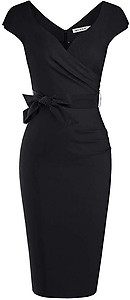 MUXXN Women's Vintage 1950s Style Wrap V Neck Tie Waist Formal Cocktail Dress